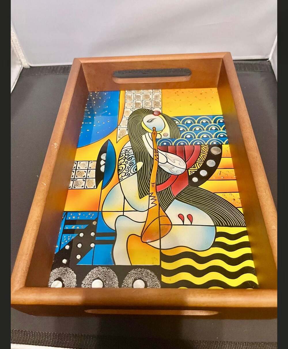 Abstract Expressionist Hand Painted Mother of Pearl Inlay & Lacquer Tray from Vi